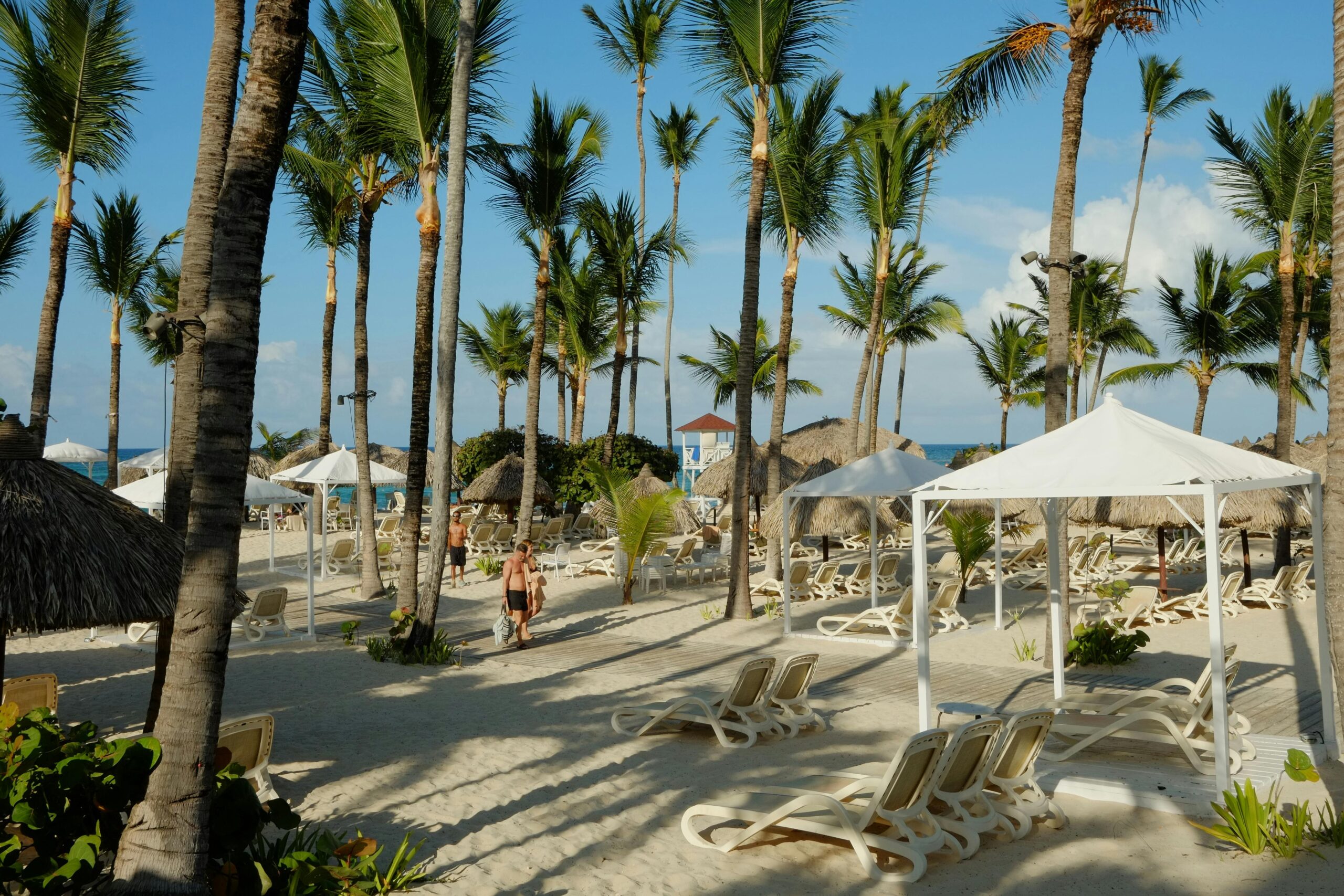 Idyllic tropical beach scene with palm trees, lounge chairs, and umbrellas at an oceanfront resort.